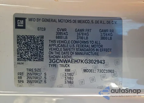 2019 Chevrolet Silverado C1500 z USA, uszkodzony, nr VIN 3GCNWAEH7KG302943